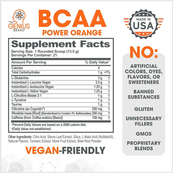 Genius BCAA Powder - 5g Vegan BCAAs L-Glutamine, Cognizin & Rhodiola Muscle Recovery Energy Support 100mg Caffeine Pre, Intra, Post-Workout Nootropic Supplement for Focus & Performance - Grape Limeade