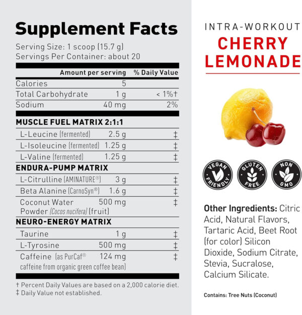 6895b51ab1cb7e0913bfe46189eb5ee9d479eae581658132d488b.jpg Kaged Intra-Workout Powder | in BCAAs, L-Citrulline & Beta-Alanine for Endurance | 124mg Organic PurCaf® Caffeine | Coconut Water Powder | 20 Servings | Cherry Limeade