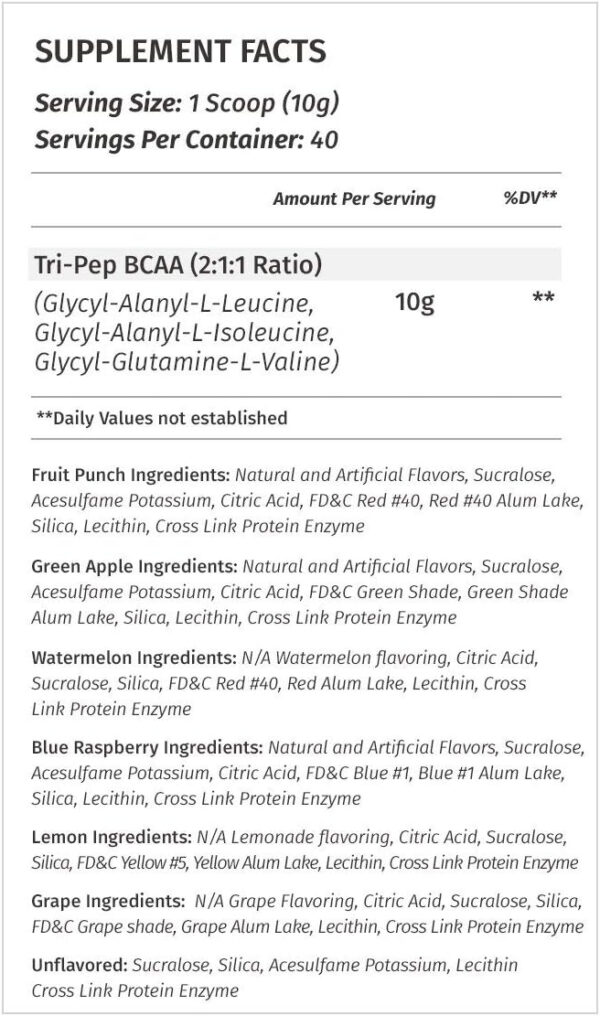 Metabolic Nutrition - TRIPEP - Tri-Peptide Branch Chain Amino Acid, BCAA Powder, Pre Intra Post Workout Supplement, Green Apple, 400 Grams (40 Servings)