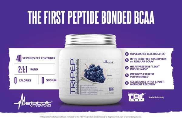 Metabolic Nutrition - TRIPEP - Tri-Peptide Branch Chain Amino Acid, BCAA Powder, Pre Intra Post Workout Supplement, Green Apple, 400 Grams (40 Servings)