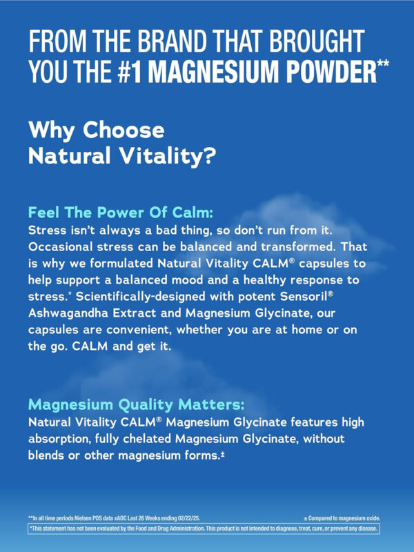 Natural Vitality Calm Ashwagandha + Magnesium Glycinate Capsules | Support for Occasional Stress & Anxiety | Gluten Free Supplement| 90 Count