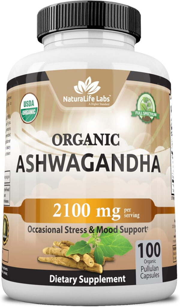 6895c6579f5680e55297b533e9eee3448970fc4e2276905463621.jpg Organic Ashwagandha 2,100 mg - 100 Veggie Capsules Pure Organic Ashwagandha Powder and Root Extract - Stress Relief, Mood Enhancer