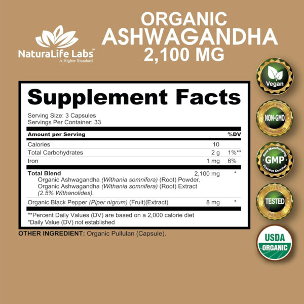 6895c659259d59afc6844b6babf4af361b6f5f1ce7783c886b361.jpg Organic Ashwagandha 2,100 mg - 100 Veggie Capsules Pure Organic Ashwagandha Powder and Root Extract - Stress Relief, Mood Enhancer