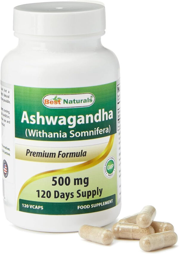 Best Naturals Ashwagandha Capsules for Relaxing Stress and Mood, 500 mg, 120 Count (Packaging may vary)