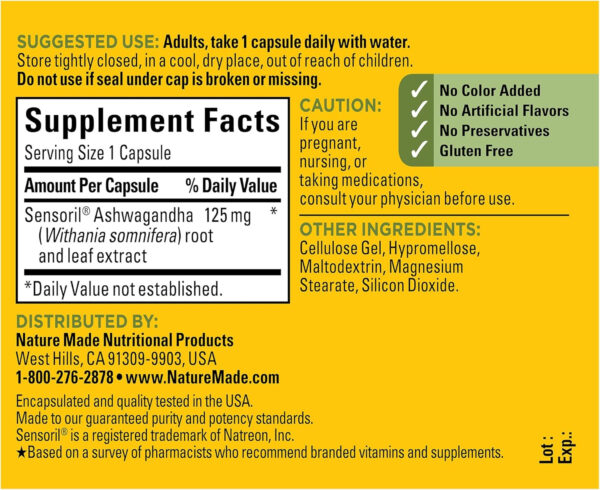 6895c69b321dbf24b24b366aa0df0cc2562bc41c804441937a68b.jpg Nature Made Ashwagandha Capsules 125mg for Stress Support, 60 Capsules, 60 Day Supply