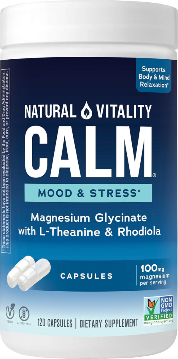 6895c6e3ca0314d8c0fe12601aa13fc6b47469e0625f6a95e8981.jpg Natural Vitality Calm® Mood & Stress Relief Capsules, Magnesium Glycinate Supplement, 120 Caps