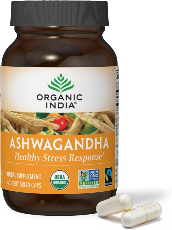 6895c74f51884ef6034260e5ad287f493f616a8e1b4c512b75e0b.jpg ORGANIC INDIA Ashwagandha Capsules - Organic Ashwagandha Supplement - Vegan Ashwagandha Root, Gluten-Free, Kosher, Non-GMO, Supports Stress Relief, Energy, and Sleep - 60 Capsules