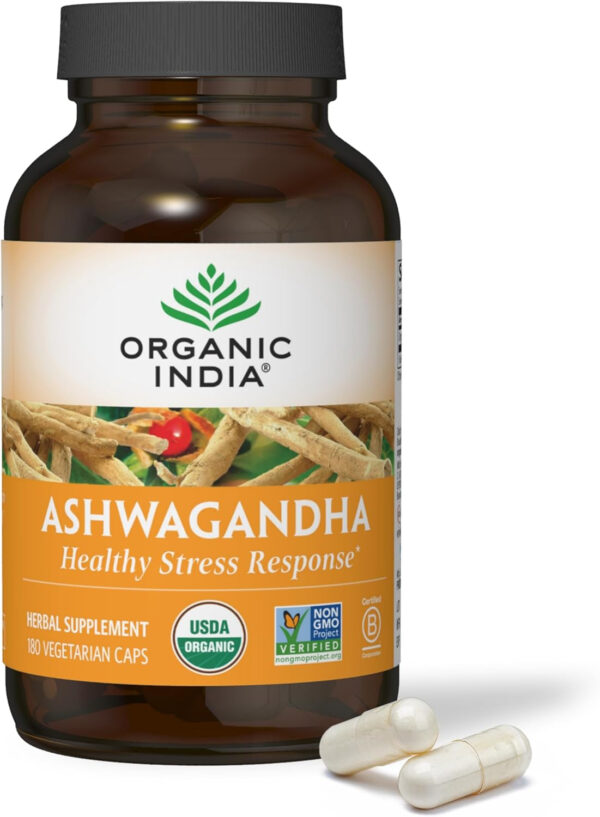 6895c7604ba788dd525645524a605ed1b577504fa9ac38538456a.jpg ORGANIC INDIA Ashwagandha Capsules - Organic Ashwagandha Supplement - Vegan Ashwagandha Root, Gluten-Free, Kosher, Non-GMO, Supports Stress Relief, Energy, and Sleep - 60 Capsules