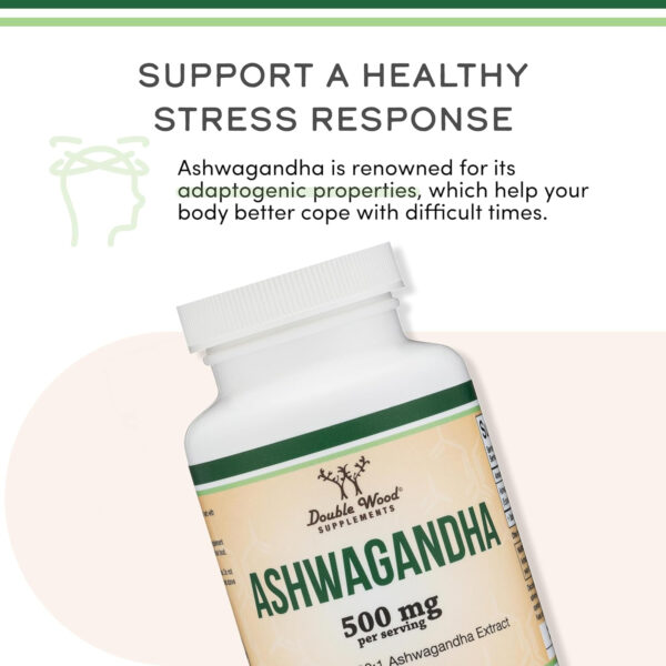 Ashwagandha Capsules, 120 Count (500mg Extract 20:1 Potency) Adaptogen Stress Relief by Double Wood