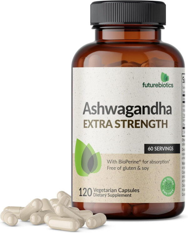 6895c7f8bf7647375e7e242cb7612a32c0967759a252c49665947.jpg Futurebiotics Ashwagandha Extra Strength Stress & Mood Support with BioPerine - Non GMO Formula, 100 Vegetarian Capsules
