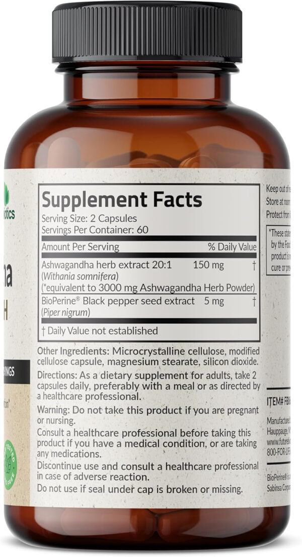 6895c7fa485f5ab5419b5bacb4fb5ab45828460beb04045e7b9c9.jpg Futurebiotics Ashwagandha Extra Strength Stress & Mood Support with BioPerine - Non GMO Formula, 100 Vegetarian Capsules