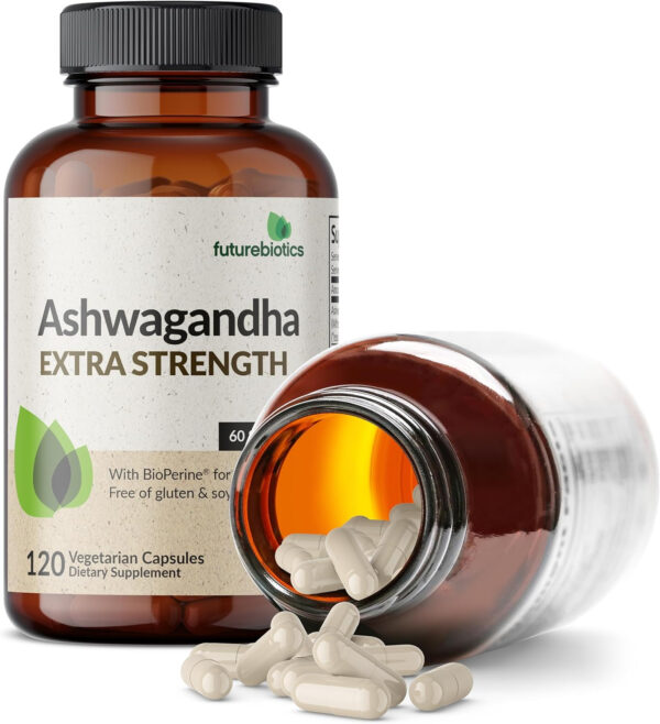 6895c7fd08cd937069752b3089eaa82d2515681e85fb9e614283a.jpg Futurebiotics Ashwagandha Extra Strength Stress & Mood Support with BioPerine - Non GMO Formula, 100 Vegetarian Capsules