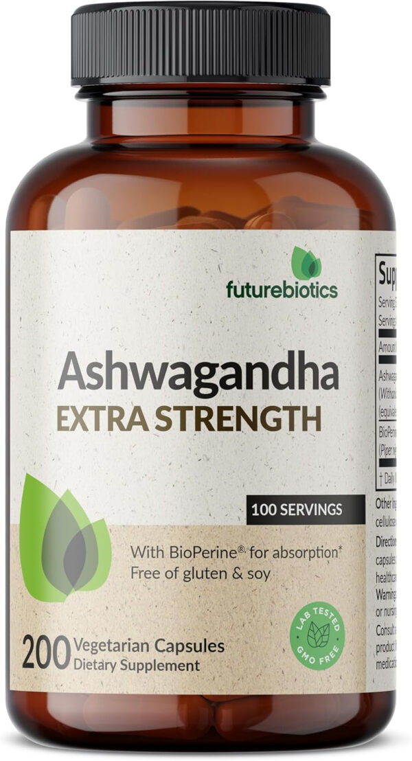 6895c804aaee27205bbcf921ef703965eface143dfb7b0864f4e6.jpg Futurebiotics Ashwagandha Extra Strength Stress & Mood Support with BioPerine - Non GMO Formula, 100 Vegetarian Capsules