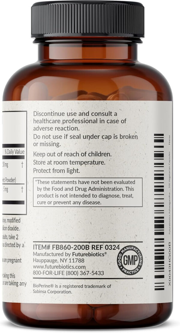 6895c807b553633081b1f28a463e475f6bbcaa05d5c5d859303e1.jpg Futurebiotics Ashwagandha Extra Strength Stress & Mood Support with BioPerine - Non GMO Formula, 100 Vegetarian Capsules