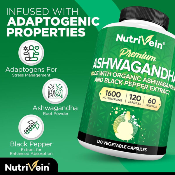 Nutrivein Premium Ashwagandha Capsules 1600mg with Black Pepper Extract - 120 Vegan Capsules - High-Absorption Ashwagandha Supplements from Pure Root Powder - Mood, Balance, Defenses, and Vitality