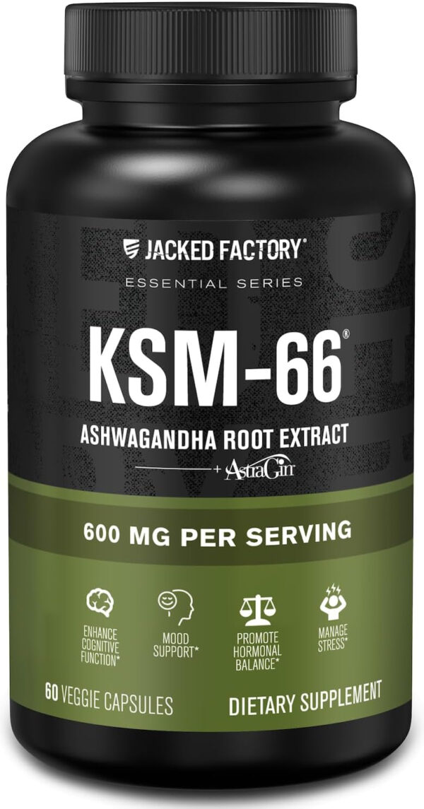 Jacked Factory Ashwagandha Root Extract (KSM-66 Ashwagandha) w/ 5% Withanolides - Supplement for Natural Stress Relief, Cognitive Function, Vitality, and Mood Support - 60 Veggie Capsules