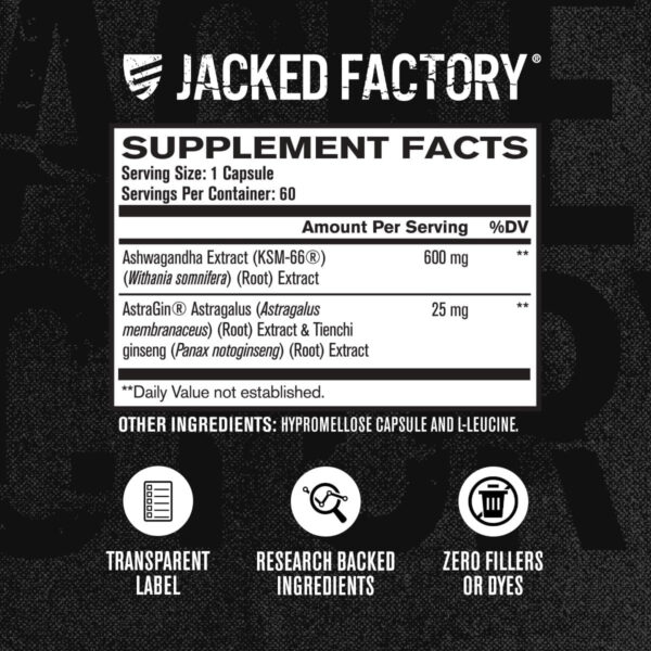 Jacked Factory Ashwagandha Root Extract (KSM-66 Ashwagandha) w/ 5% Withanolides - Supplement for Natural Stress Relief, Cognitive Function, Vitality, and Mood Support - 60 Veggie Capsules