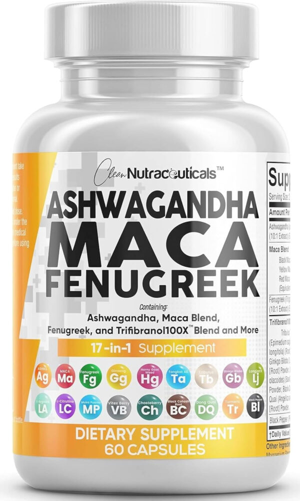 6895c9e173c0963142a9e3e4a11bce91bcf8bcff2a5d124caab59.jpg Clean Nutraceuticals Ashwagandha Maca Root Fenugreek Supplement with Tongkat Ali Ginseng - Assists with Stress, Mood & Thyroid - Ashwagandha Capsules Fenugreek Caps - 1 Pack