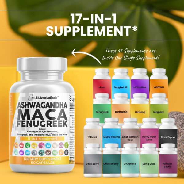 6895c9e2f2e3d2a6294471d1f8cc095bec3a529d56b4b4a815019.jpg Clean Nutraceuticals Ashwagandha Maca Root Fenugreek Supplement with Tongkat Ali Ginseng - Assists with Stress, Mood & Thyroid - Ashwagandha Capsules Fenugreek Caps - 1 Pack