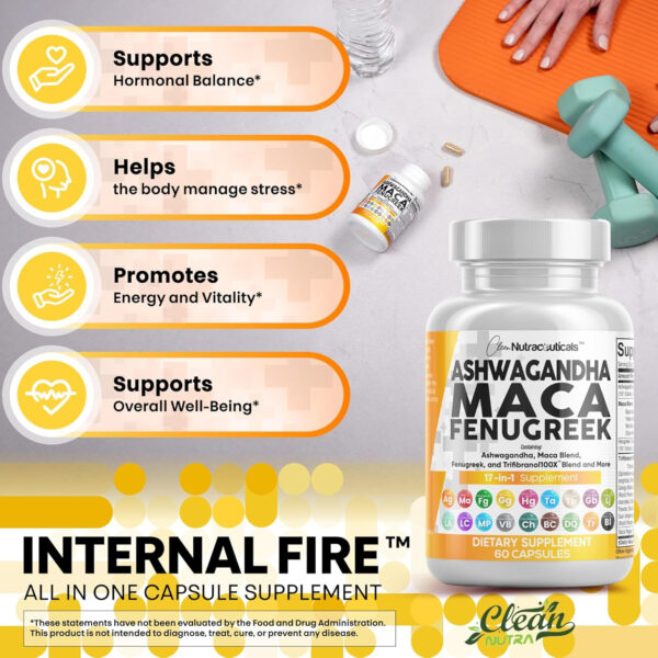 6895c9e80c65de7dfb99ec6f71af4b2c1f5c95ab97cf1c97cb4a7.jpg Clean Nutraceuticals Ashwagandha Maca Root Fenugreek Supplement with Tongkat Ali Ginseng - Assists with Stress, Mood & Thyroid - Ashwagandha Capsules Fenugreek Caps - 1 Pack