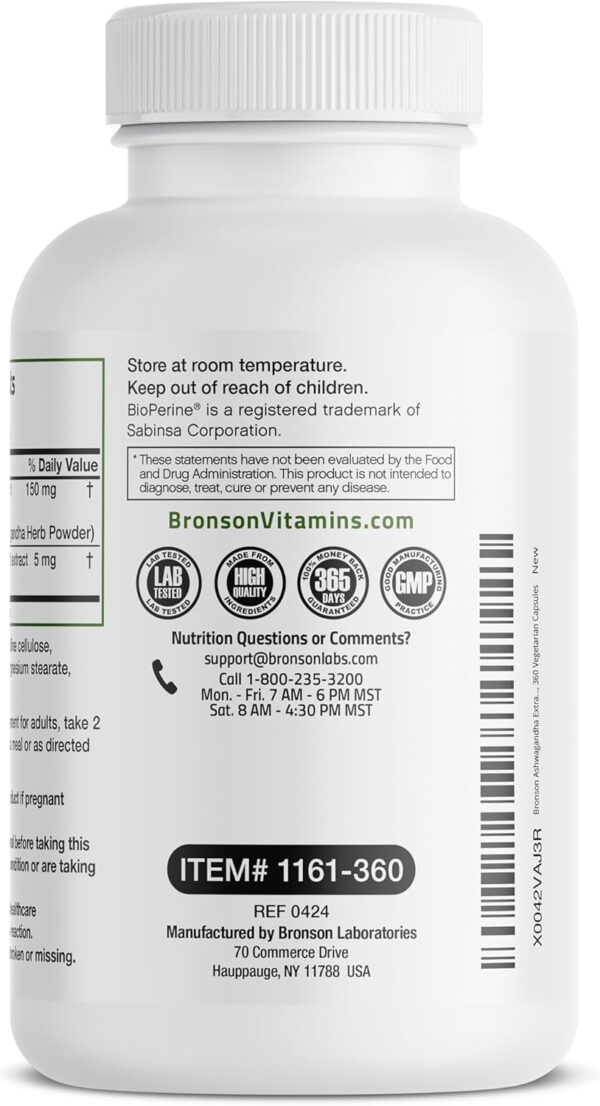 6895ca42ddfe7fa8798835b014f0e1c073f98261808ec72cb445b.jpg Bronson Ashwagandha Extra Strength Stress & Mood Support with BioPerine - Non GMO Formula, 360 Vegetarian Capsules