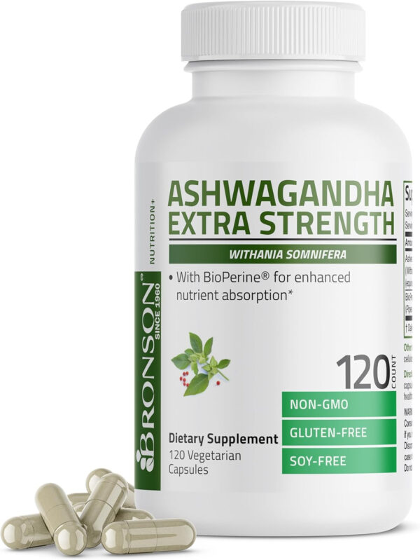 6895ca4595c143951b4e6cb95b45efc2c2fb91c3ee32cfde8b9b0.jpg Bronson Ashwagandha Extra Strength Stress & Mood Support with BioPerine - Non GMO Formula, 360 Vegetarian Capsules