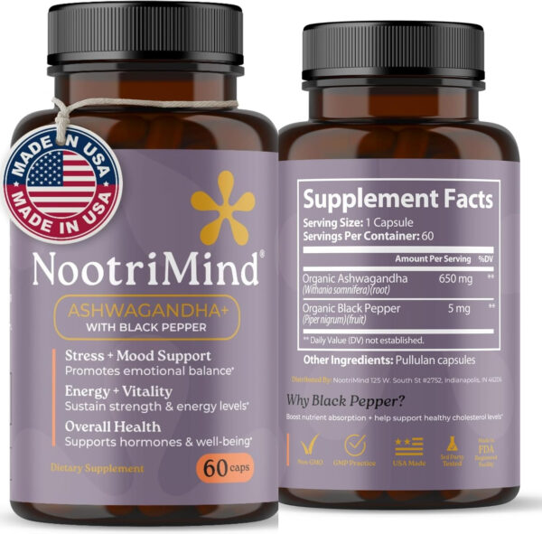 6895ca764621bd52c384cdadb0de1b00a58c523603189518657f9.jpg Organic Ashwagandha Extra Strength Stress, Mood & Energy Support with Black Pepper, Additive Free - Non GMO, Vegan, Gluten Free, 60 Capsules