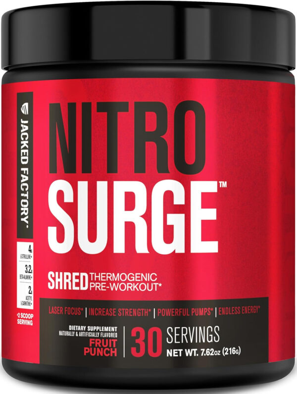Jacked Factory NITROSURGE Shred Pre Workout Supplement - Energy Booster, Instant Strength Gains, Sharp Focus, Powerful Pumps - Nitric Oxide Booster & PreWorkout Powder - 30Sv, Fruit Punch