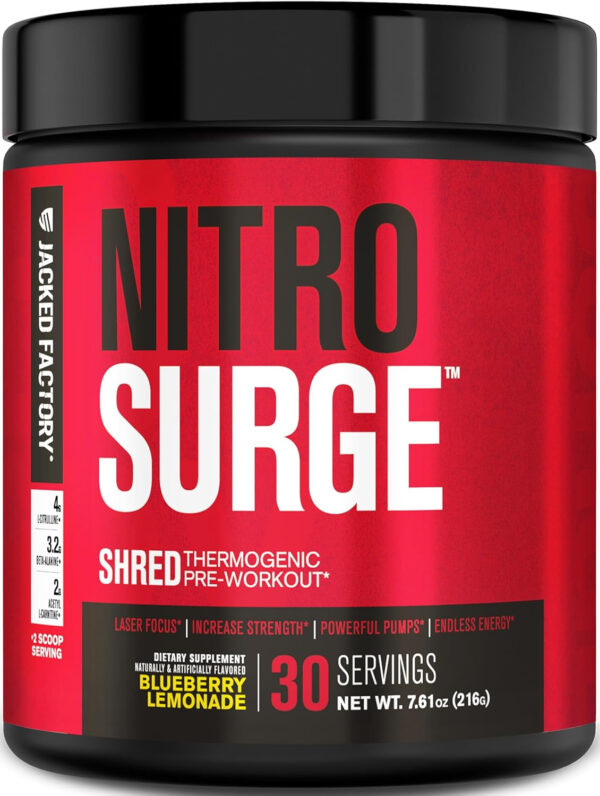 Jacked Factory NITROSURGE Shred Pre Workout Supplement - Energy Booster, Instant Strength Gains, Sharp Focus, Powerful Pumps - Nitric Oxide Booster & PreWorkout Powder - 30Sv, Fruit Punch