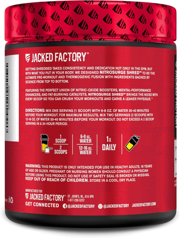 Jacked Factory NITROSURGE Shred Pre Workout Supplement - Energy Booster, Instant Strength Gains, Sharp Focus, Powerful Pumps - Nitric Oxide Booster & PreWorkout Powder - 30Sv, Fruit Punch