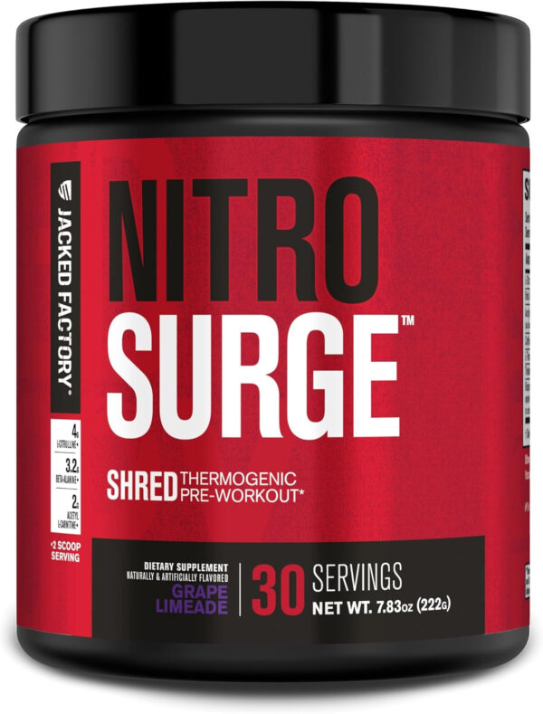 Jacked Factory NITROSURGE Shred Pre Workout Supplement - Energy Booster, Instant Strength Gains, Sharp Focus, Powerful Pumps - Nitric Oxide Booster & PreWorkout Powder - 30Sv, Fruit Punch