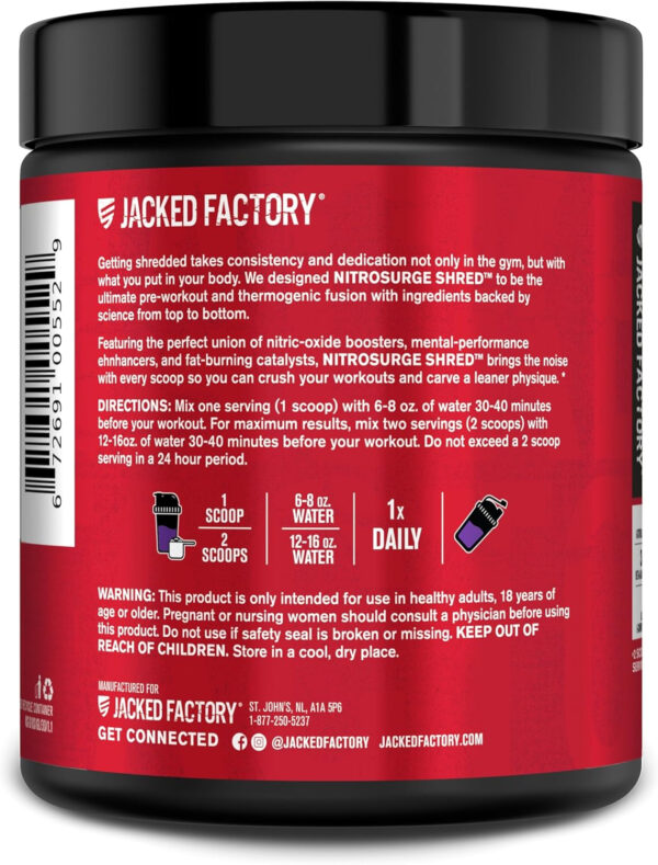 Jacked Factory NITROSURGE Shred Pre Workout Supplement - Energy Booster, Instant Strength Gains, Sharp Focus, Powerful Pumps - Nitric Oxide Booster & PreWorkout Powder - 30Sv, Fruit Punch
