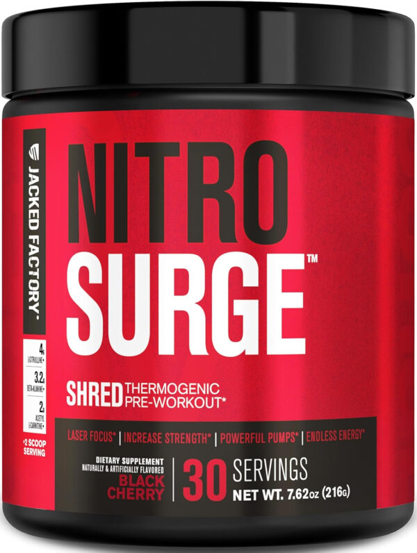 Jacked Factory NITROSURGE Shred Pre Workout Supplement - Energy Booster, Instant Strength Gains, Sharp Focus, Powerful Pumps - Nitric Oxide Booster & PreWorkout Powder - 30Sv, Fruit Punch