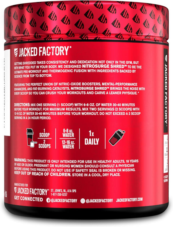 Jacked Factory NITROSURGE Shred Pre Workout Supplement - Energy Booster, Instant Strength Gains, Sharp Focus, Powerful Pumps - Nitric Oxide Booster & PreWorkout Powder - 30Sv, Fruit Punch
