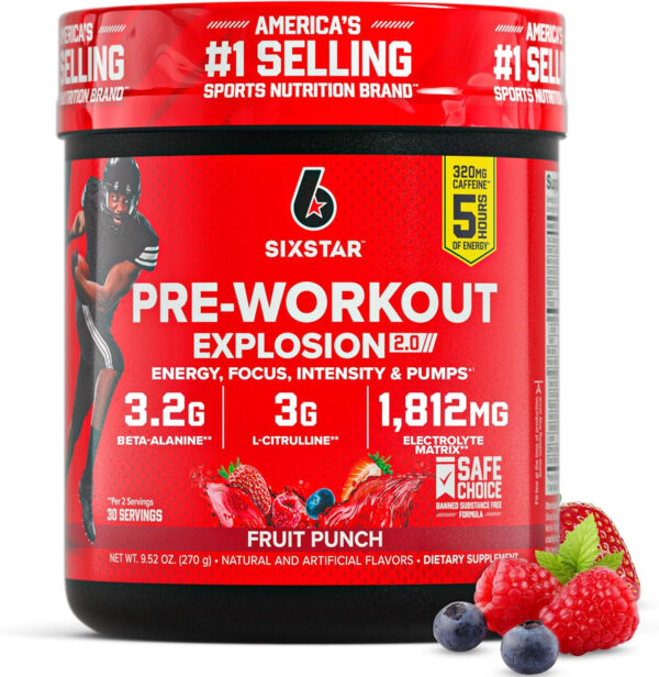 6895ce226ca59e7e020244edc6e212785e2245feca804a32d23c6.jpg Six Star Pre-Workout Powder for Men & Women, Fruit Punch (30 Servings) - Preworkout Explosion 2.0 Energy Powder Drink Mix with Beta-Alanine & Caffeine - Sports Nutrition Supplement Products