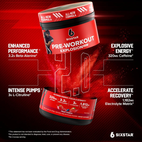 6895ce25859215724d33567b51e9f4f8871b1ddbba232ca63a2f5.jpg Six Star Pre-Workout Powder for Men & Women, Fruit Punch (30 Servings) - Preworkout Explosion 2.0 Energy Powder Drink Mix with Beta-Alanine & Caffeine - Sports Nutrition Supplement Products