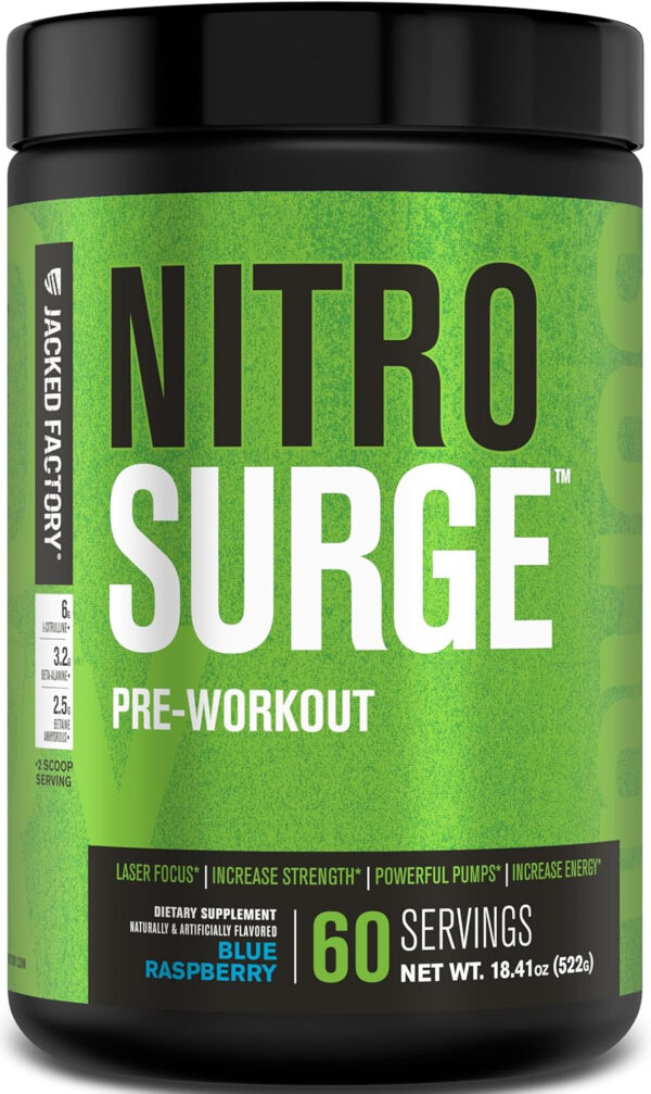 6895ce8aa11b3debb8e88c55f7dfb66a068c9698d95d715480dc4.jpg Jacked Factory NITROSURGE Pre Workout Supplement - Energy Booster, Instant Strength Gains, Clear Focus, & Intense Pumps - NO Booster & Powerful Preworkout Energy Powder - 60 Servings, Blue Raspberry