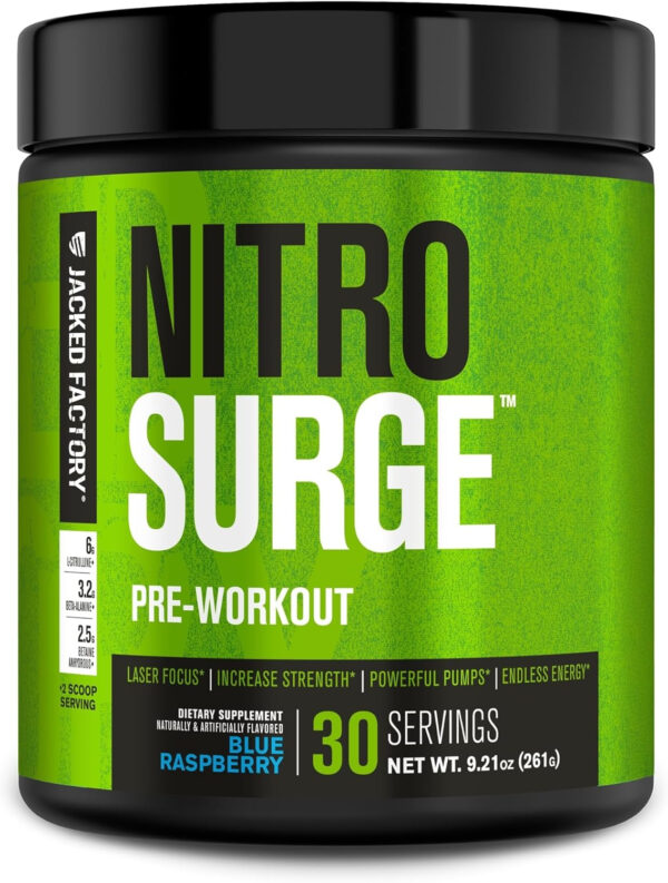 6895ce987b1d8c58242c5f38edea1e60b4aeb6cc8eb82f1262879.jpg Jacked Factory NITROSURGE Pre Workout Supplement - Energy Booster, Instant Strength Gains, Clear Focus, & Intense Pumps - NO Booster & Powerful Preworkout Energy Powder - 60 Servings, Blue Raspberry