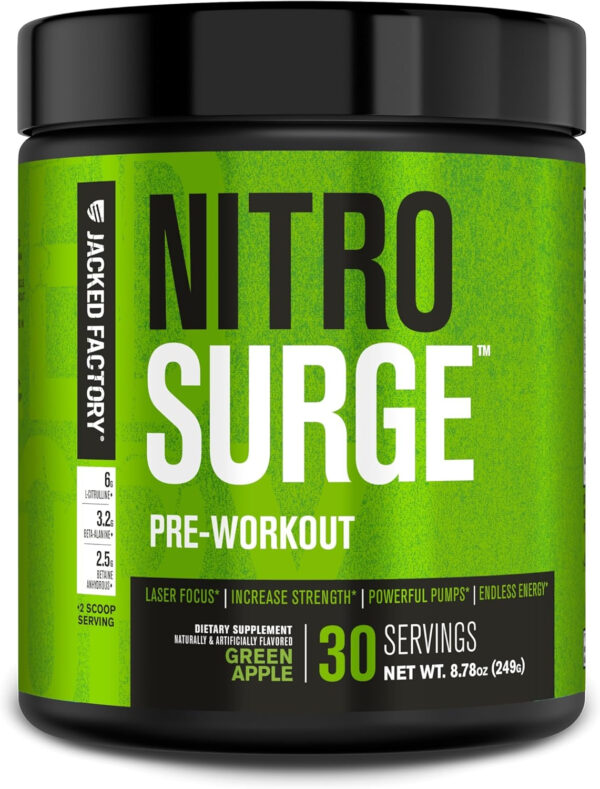 6895cea2df94d44217c8735d0579eb86ee81cd8c27b3735e110fd.jpg Jacked Factory NITROSURGE Pre Workout Supplement - Energy Booster, Instant Strength Gains, Clear Focus, & Intense Pumps - NO Booster & Powerful Preworkout Energy Powder - 60 Servings, Blue Raspberry