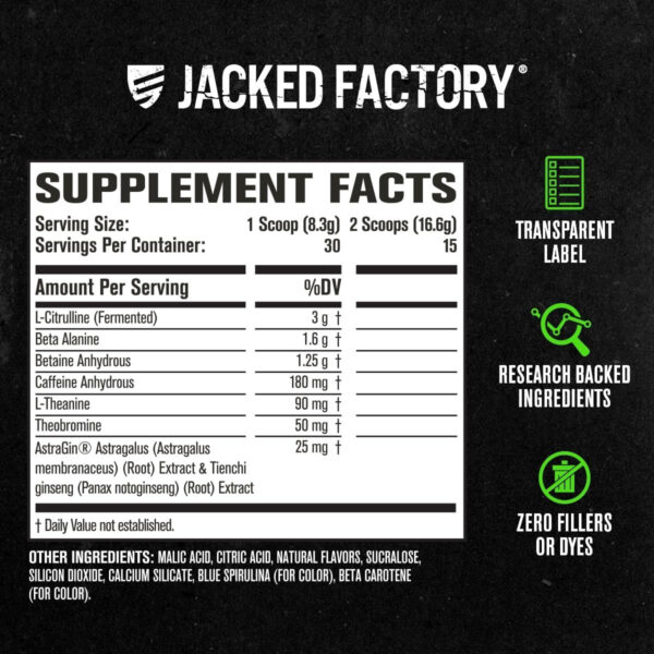 6895cea8dbd05dd846ce17fd4908fb07862687eb26aea0c2da55f.jpg Jacked Factory NITROSURGE Pre Workout Supplement - Energy Booster, Instant Strength Gains, Clear Focus, & Intense Pumps - NO Booster & Powerful Preworkout Energy Powder - 60 Servings, Blue Raspberry