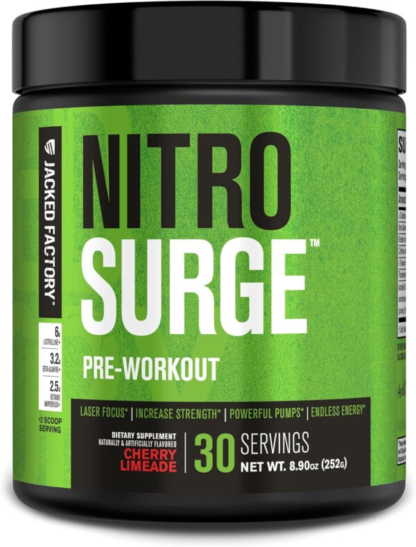 6895cead5a4cd011a247fb83c9c60887969b354fc1d82e75ea47f.jpg Jacked Factory NITROSURGE Pre Workout Supplement - Energy Booster, Instant Strength Gains, Clear Focus, & Intense Pumps - NO Booster & Powerful Preworkout Energy Powder - 60 Servings, Blue Raspberry