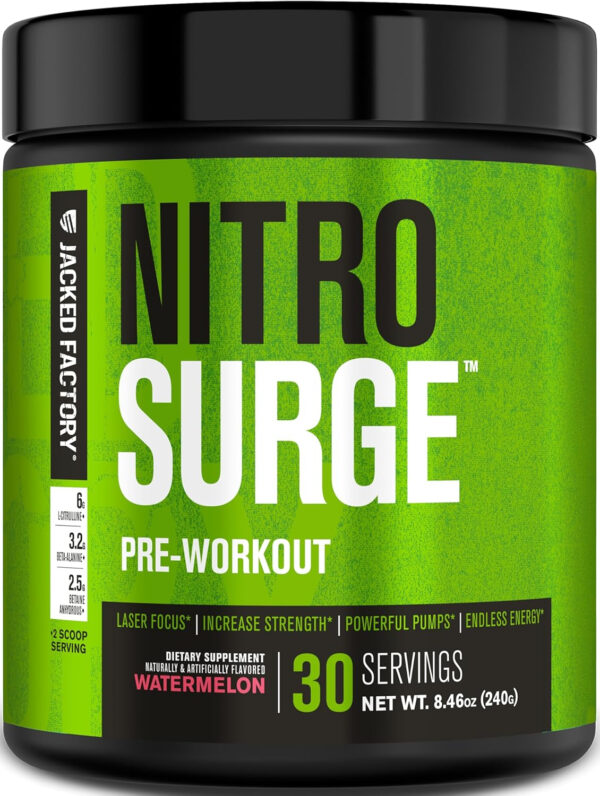 6895ceb4826f2ce711a00804d2eb0b2e4bb4ab93f194467a919ac.jpg Jacked Factory NITROSURGE Pre Workout Supplement - Energy Booster, Instant Strength Gains, Clear Focus, & Intense Pumps - NO Booster & Powerful Preworkout Energy Powder - 60 Servings, Blue Raspberry