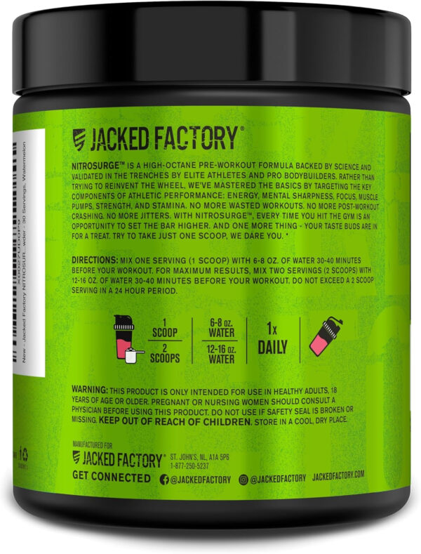 6895ceba1660aed413d156ee49b3e915876924c3c3e5835fd5e45.jpg Jacked Factory NITROSURGE Pre Workout Supplement - Energy Booster, Instant Strength Gains, Clear Focus, & Intense Pumps - NO Booster & Powerful Preworkout Energy Powder - 60 Servings, Blue Raspberry