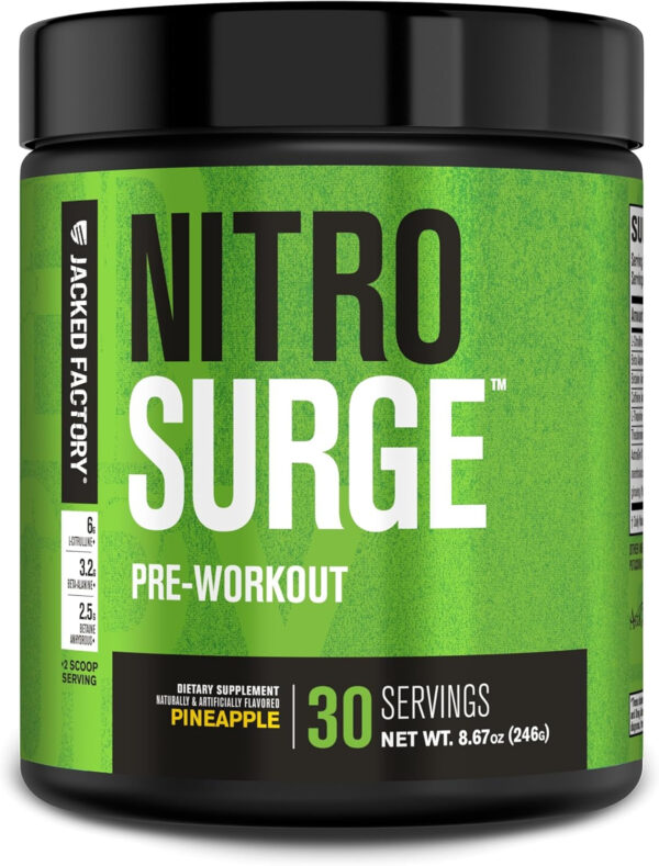 6895cebba9f38589fd34892f0ed2bf276d1d960894049965539a9.jpg Jacked Factory NITROSURGE Pre Workout Supplement - Energy Booster, Instant Strength Gains, Clear Focus, & Intense Pumps - NO Booster & Powerful Preworkout Energy Powder - 60 Servings, Blue Raspberry