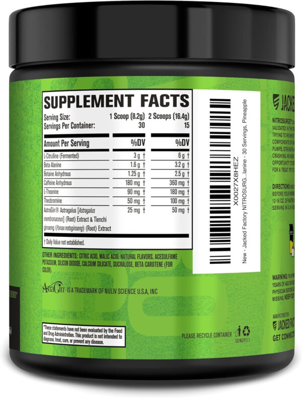 6895cec2e6d58e9384915cbfac9e5ebb2f64836a04d9e5f2aee23.jpg Jacked Factory NITROSURGE Pre Workout Supplement - Energy Booster, Instant Strength Gains, Clear Focus, & Intense Pumps - NO Booster & Powerful Preworkout Energy Powder - 60 Servings, Blue Raspberry