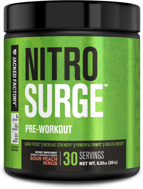 6895cec4412050c75ba6710e970774436a96d6e01ebf7a4e3b036.jpg Jacked Factory NITROSURGE Pre Workout Supplement - Energy Booster, Instant Strength Gains, Clear Focus, & Intense Pumps - NO Booster & Powerful Preworkout Energy Powder - 60 Servings, Blue Raspberry