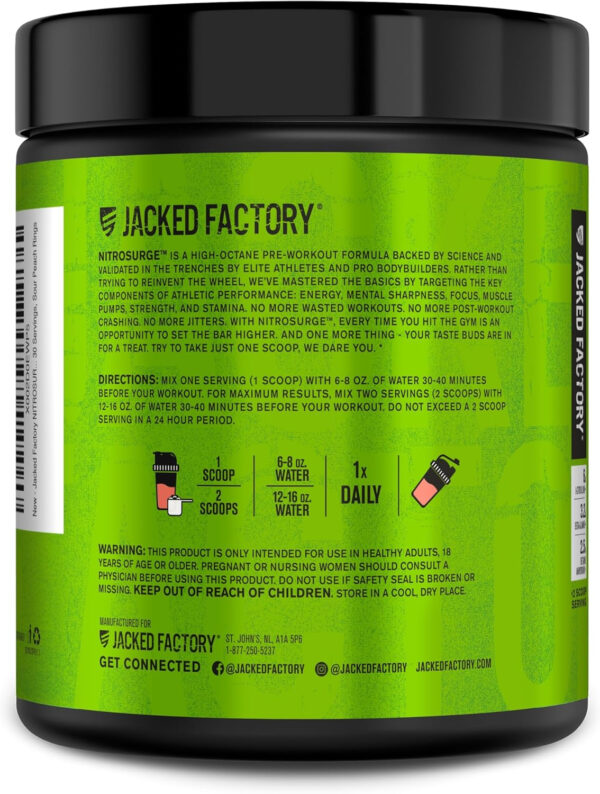 6895cec827b64595e7f52af475c2d9444a11cf5d64969ef42a127.jpg Jacked Factory NITROSURGE Pre Workout Supplement - Energy Booster, Instant Strength Gains, Clear Focus, & Intense Pumps - NO Booster & Powerful Preworkout Energy Powder - 60 Servings, Blue Raspberry