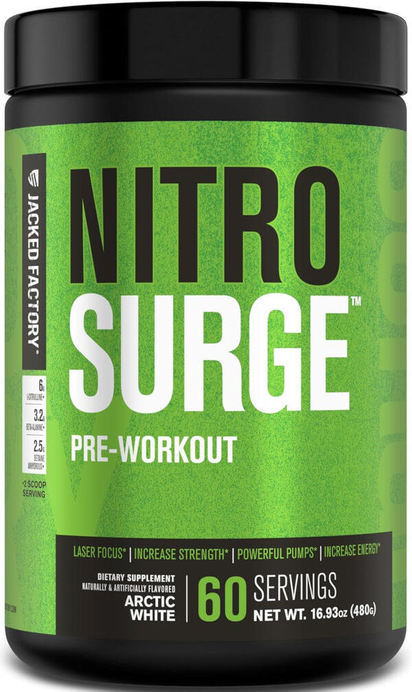 6895cecae4c50439b79244b1fe3ec6d1daf32cabd487e083f76b8.jpg Jacked Factory NITROSURGE Pre Workout Supplement - Energy Booster, Instant Strength Gains, Clear Focus, & Intense Pumps - NO Booster & Powerful Preworkout Energy Powder - 60 Servings, Blue Raspberry
