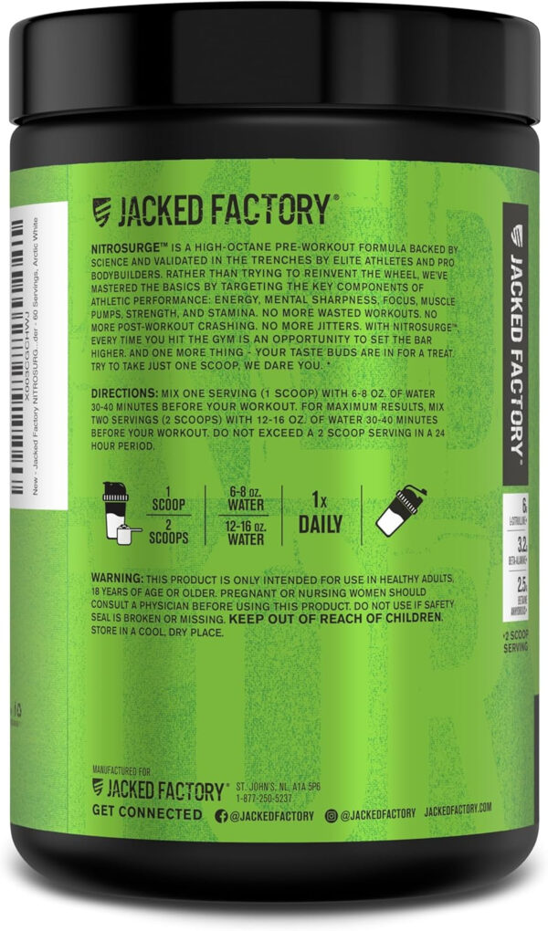 6895cecf1c33711b7393658d563bbacbb7a08daa160d770a5f195.jpg Jacked Factory NITROSURGE Pre Workout Supplement - Energy Booster, Instant Strength Gains, Clear Focus, & Intense Pumps - NO Booster & Powerful Preworkout Energy Powder - 60 Servings, Blue Raspberry
