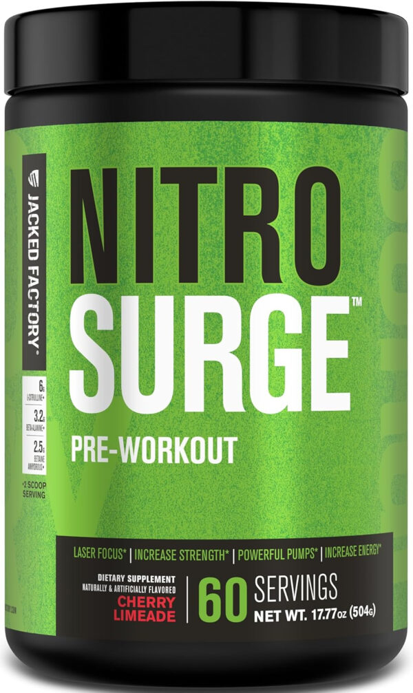 6895ced0743181efe01710af0d5c3d83f0de3918cf6b5a3aecf79.jpg Jacked Factory NITROSURGE Pre Workout Supplement - Energy Booster, Instant Strength Gains, Clear Focus, & Intense Pumps - NO Booster & Powerful Preworkout Energy Powder - 60 Servings, Blue Raspberry